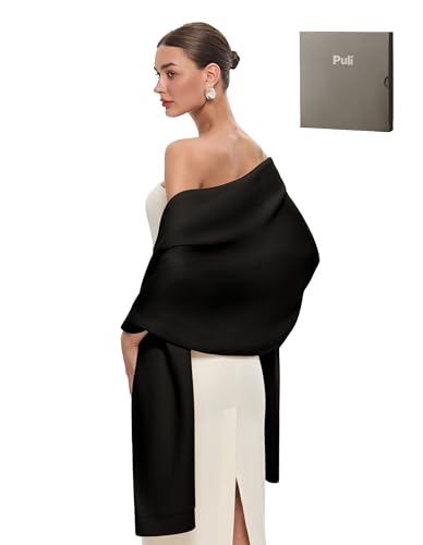 PULI Women's Pashmina Shawl Wraps for Evening Dress Large Scarf Blanket Long Wedding Bridal Winter Warm Shoulder Wrap - color: Gift Box Black