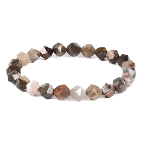 Justinstones 8mm Natural Gemstone Round Beads Triangle Faceted Charm Stretch Bracelet 6.5" - color: Petrified Wood Fossil