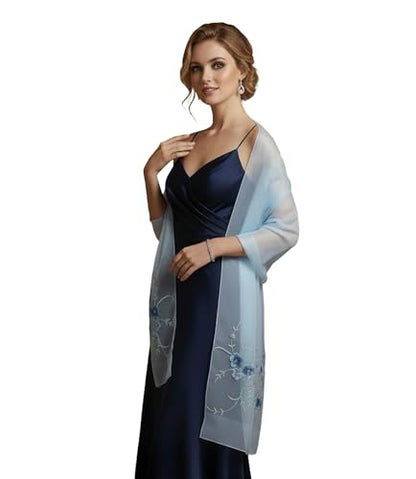 Women Silk & Wool Long and Large Scarf Shawl Wrap For Evening Dress - color: Flower Embroidery Light Blue