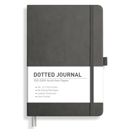 RETTACY Dotted Journal Notebook, 192 Pages, A5 Medium Size (5.7'' x 8.3''), Leather Hardcover, 100 GSM Thick Paper, for Journaling, Planning, Tracking (Gray) - color: Gray, style: Dotted