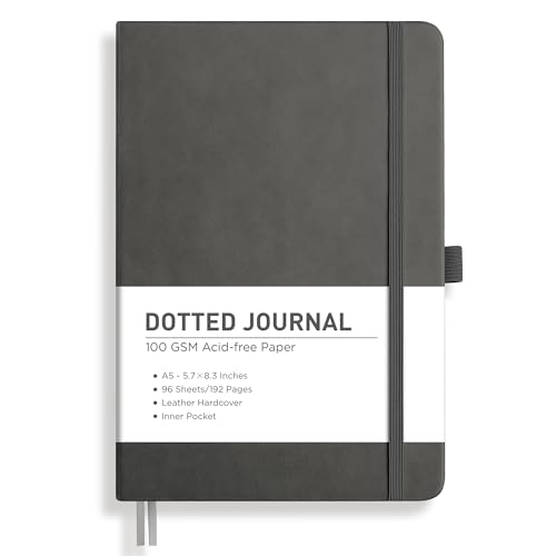 RETTACY Dotted Journal Notebook, 192 Pages, A5 Medium Size (5.7'' x 8.3''), Leather Hardcover, 100 GSM Thick Paper, for Journaling, Planning, Tracking (Gray) - color: Gray, style: Dotted