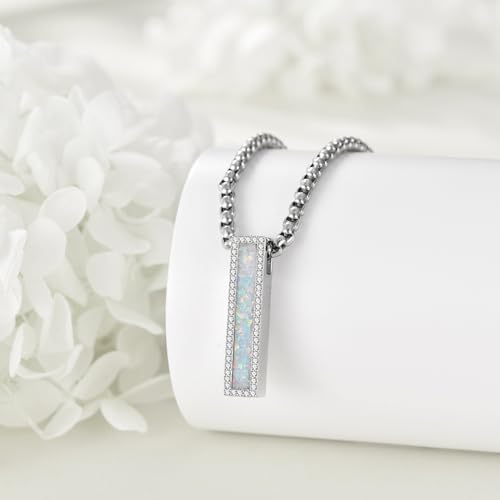 Cremation Urn Necklaces for Ashes Sterling Silver 3D Vertical Bar Memorial Pendant for Loved Ones Keepsake Cremation Jewelry Gifts for Women Men - style: Opal