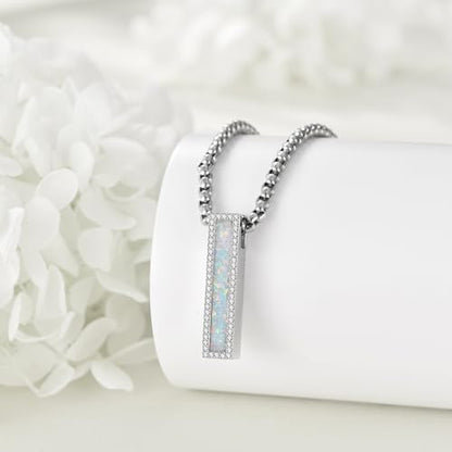 Cremation Urn Necklaces for Ashes Sterling Silver 3D Vertical Bar Memorial Pendant for Loved Ones Keepsake Cremation Jewelry Gifts for Women Men - style: Opal