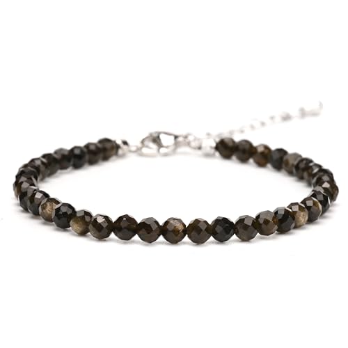 Crystal Bracelet for Women, Natural 4mm Faceted Beads Adjustable Bracelet, Small Beaded Healing Gemstone Bracelet - color: Golden Obsidian