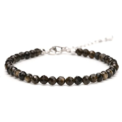 Crystal Bracelet for Women, Natural 4mm Faceted Beads Adjustable Bracelet, Small Beaded Healing Gemstone Bracelet - color: Golden Obsidian