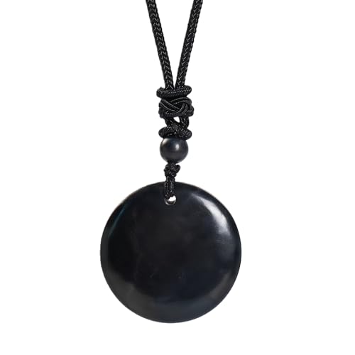 Shungite Stone Necklace for Women, Round Shungite Pendant Amulet Meditation Necklace, Black Circle Pendant Protection Crystal Healing Necklace Spiritual Gifts for Mother Mom