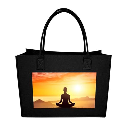 Yoga Meditation Shopping Bag for Unisex, Tote Bags, Shoulder Bags with Handles for Work, Felt Handbag - color: Black