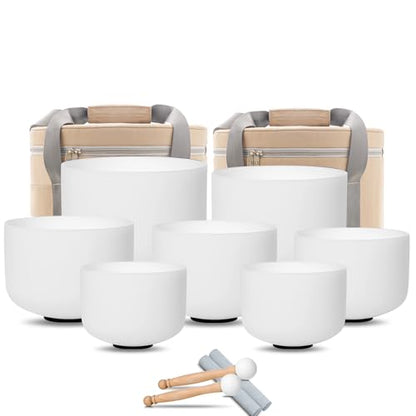 Hye-eun Crystal Singing Bowl Set 432Hz 7-Piece White Frosted Quartz Sound Bowls for Meditation, Chakra Healing & Yoga, includes Mallets & Beige Carrying Bags (6-12 inch, 7 Tones A B C D E F G) - color: 6-12inch 432hz White 7pcs