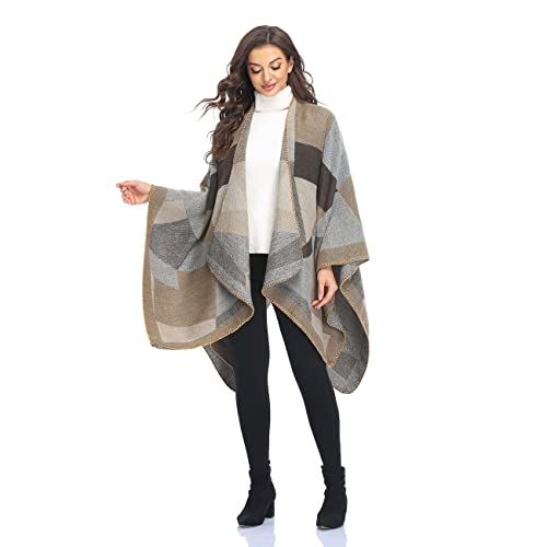 Shawl Wraps for Women, Elegant Knitted Cape Open Front Poncho Scarf Blanket Cardigan Coat for Spring, Autumn, and Winter - color: Gray Khaki
