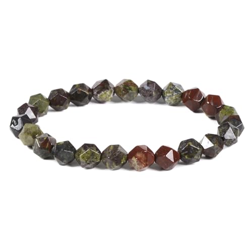 Justinstones 8mm Natural Gemstone Round Beads Triangle Faceted Charm Stretch Bracelet 6.5" - color: Dragon Blood Jasper