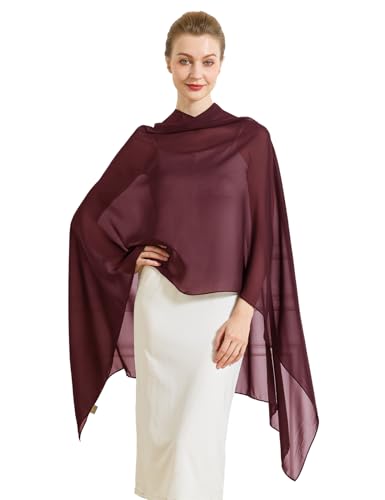 Chiffon Cape Shawl Wrap Scarf 3 Ways to Wear Elegant Sheer Capelet for Evening Dresses Weddings Parties - color: Cabernet