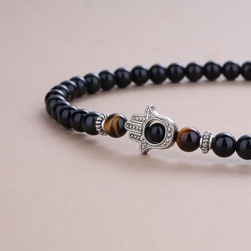 COAI 108 Mala Beads Hamsa Hand Bracelet, Wrap Bracelet Beaded Necklace for Men Women - style: Obsidian