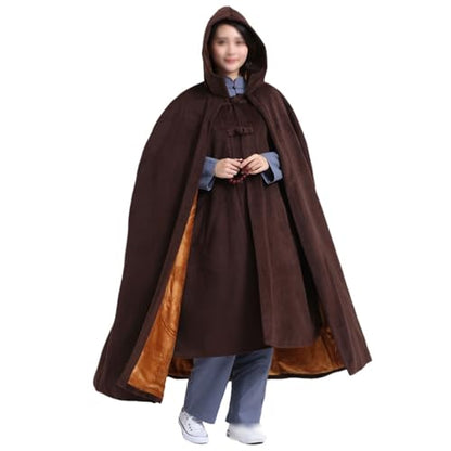 Winter Meditation Robe Hooded Trench Coat Cloak Double Layer Plush Buddhist Capes Unisex with Pockets - color: Coffee, size: Large