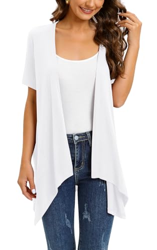 Veryoung Floral Short Sleeve Cardigans for Women Casual Drape Open Front Lightweight Summer Cardigan with Pocket High Low Hem - color: A02-white, size: Large