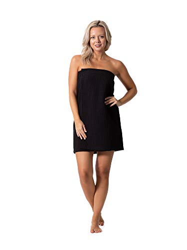 Turkish Linen Women’s Waffle Spa Body Wrap with Adjustable Closure - color: Black, size: XX-Large