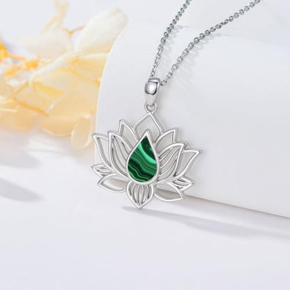 Lotus Necklaces for Women 925 Sterling Silver 7 Chakra/Yin Yang Pendant Necklace Spiritual Lotus Jewelry Birthday Yoga Gifts - style: Malachite-Lotus