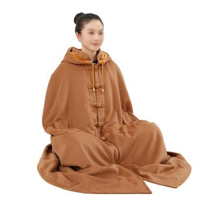 Meditation Buddhist Cloak Winter Double Layer Plush Maxi Hooded Trench Coat Oversize Button Down Prayer Robe - color: Brown, size: Small