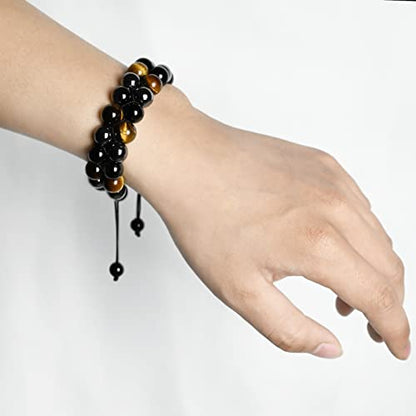 Triple Protection Bracelet Natural Black Obsidian Tigers Eye Hematite Beads Crystal Bracelet Healing Bracelets for Men Women Bring Prosperity Luck and Health - color: Black
