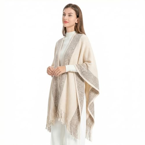 ZLYC Women's Shawl Golden Trim Knit Blanket Wrap Fringe Poncho Coat Cardigan - color: White