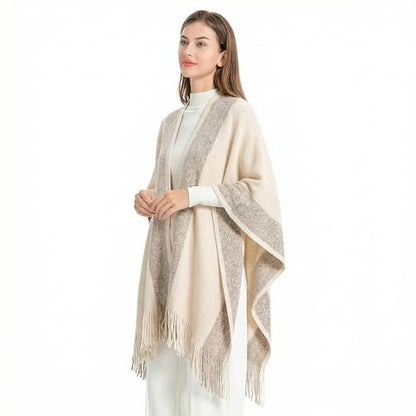 ZLYC Women's Shawl Golden Trim Knit Blanket Wrap Fringe Poncho Coat Cardigan - color: White