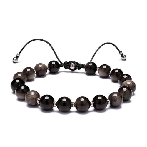 Men’s Beaded Bracelet Adjustable, Natural Texture Beads with Stainless Steel Spacers, Braided Cord, Minimal Everyday Bracelet for Men & Women - color: Metallic Gray 8mm
