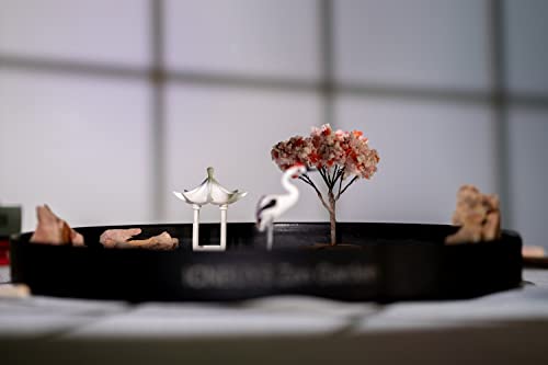 Zen Garden Crane, Pavilion and Sakura Set with Free Rakes and Pushing Sand Pen Base Tray Diameter 9.4 inches