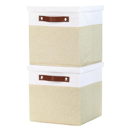 Temary Foldable Fabric Storage Bins with Lids, 2-Pack Storage Bin for Organizing Living Room, Closet Organization, Multi-Purpose Storage Boxes for Clothes (White&Khaki, 10.5x10.5x10.5in) - color: White&Khaki, size: 10.5×10.5×10.5