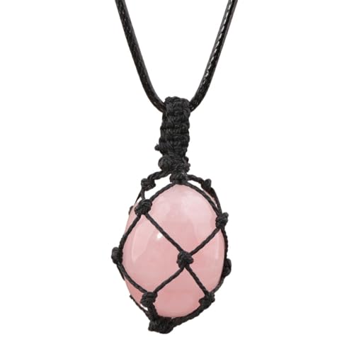 Crystal Tumbled Stone Pendant Necklace for Women Knotted Net Bag Leather Necklace Yoga Meditation Jewelry Gifts - color: Aura Rose Crystal