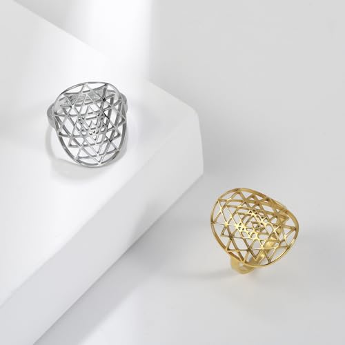 Adjustable Sri Yantra Chakra Ring Sri Yantra Amulet Talisman Pendant Sacred Geometry Ring Hinduism Symbol Sacred Hindu Ring Meditation Jewelry for Women Men - color: gold