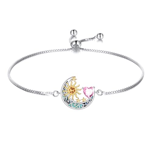 925 Sterling Silver Moon and Sun Star Adjustable Link Bracelet for Women with 12 Month Birthstone Birthday Jewelry - style: 10 - Oct.