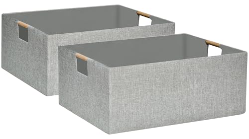 Collapsible Storage Box for Women - Foldable Home Organizer 16.9x12.5x7Inches with Wooden Handles | Closet, Bathroom & Kids Room Storage | Heavy-Duty Linen Fabric 2Pack