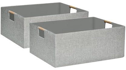 Collapsible Storage Box for Women - Foldable Home Organizer 16.9x12.5x7Inches with Wooden Handles | Closet, Bathroom & Kids Room Storage | Heavy-Duty Linen Fabric 2Pack