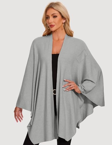 PULI Womens Elegant Cross Front Shawl Wraps Knitted Ponchos Cape Light Weight Poncho Sweater Soft Warm Travel Wraps - color: Grey