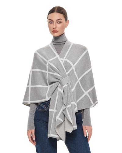 PULI Women's Elegant Shawl Wraps Soft Open Front Poncho Sweater for Spring Fall Winter - color: Classic Check-light Heather Gray and Ivory White