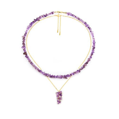 2Pcs Crystal Necklace for Women Handmade Choker Necklaces Pendant Necklace Natural Stone Gemstone Beaded Necklace 18k Gold Plated Adjustable Dainty Necklace for Women - color: Amethyst