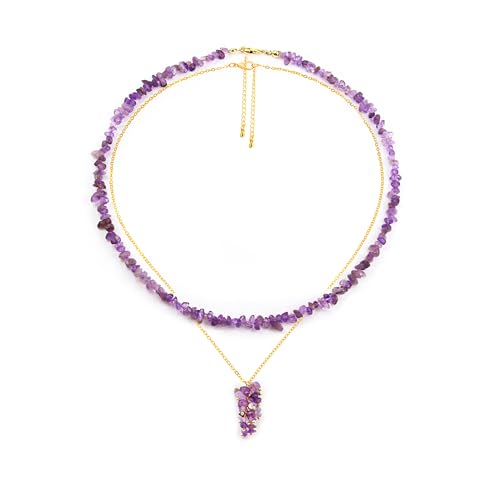 2Pcs Crystal Necklace for Women Handmade Choker Necklaces Pendant Necklace Natural Stone Gemstone Beaded Necklace 18k Gold Plated Adjustable Dainty Necklace for Women - color: Amethyst