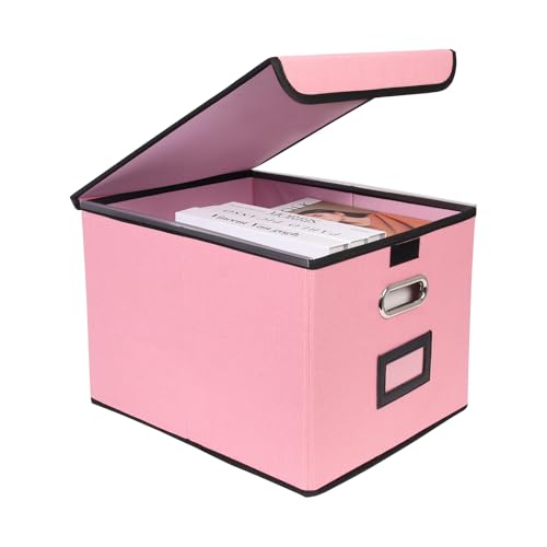 File Storage Box with Lid, 15.55x12.87x10.43 Inches, Foldable Organizer with Handles & Label Slot, for File Storage, Home, Office, and Closet Organization(Pink) - color: Pink, style: Rectangle - 1 Pack