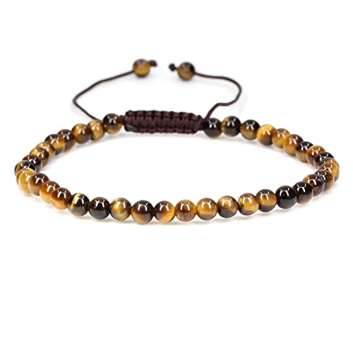 Keleny Natural Gemtones 4mm Round Beads Crystal Adjustable Braided Macrame Tassels Bracelets Unisex - color: Golden Tiger Eye