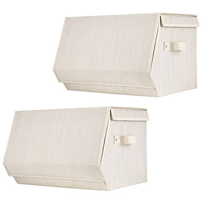 Set of 2 Stackable storage bins,Linen Fabric Foldable Storage Organizer Cubes Box whits Lids and Own-Handle Storage Organizer Bins for Home Office Nursery Living Room Beige 15x10.5 x10inch
