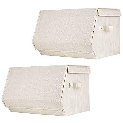 Set of 2 Stackable storage bins,Linen Fabric Foldable Storage Organizer Cubes Box whits Lids and Own-Handle Storage Organizer Bins for Home Office Nursery Living Room Beige 15x10.5 x10inch