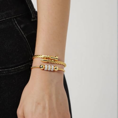 2PCS 18K Gold Plated Nail Bangle & Chain Bracelet Set for Women, Adjustable Stackable Bangle Jewelry, Dainty Gold Bracelet Gift for Women - color: Set D-zirconia