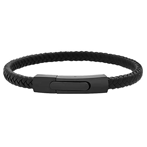 Geoffrey Beene Men's Braided Genuine Leather Fashion Bangle Bracelet with Stainless Steel Clasp - color: Black