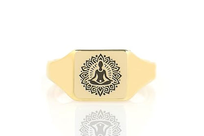 Mindfulness Signet Ring - Yoga Engraved Square Shaped Chakra Jewelry - Meditation Gift for Her