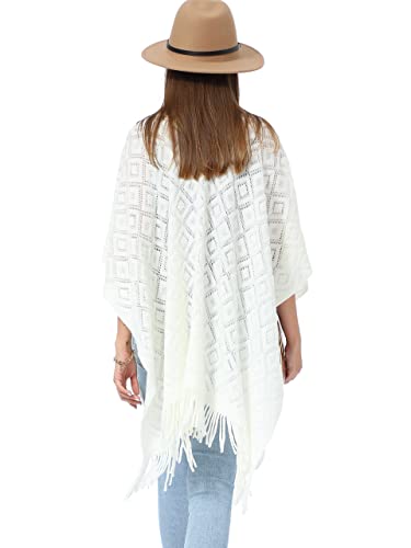 Soul Young Knit Shawl Wrap for Women Ladies Fringe Poncho Blanket Cardigan Cape - color: Z Rhombus Cream White