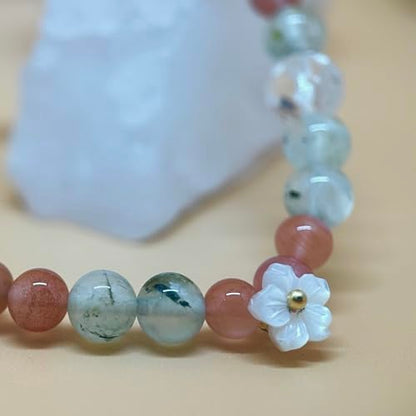 Birth Flower Crystal Bracelets for Women, Handmade Natural Gemstone Stretch Jewelry with Healing & Positive Energy - color: Aug. Gladiolus & Agate（2）