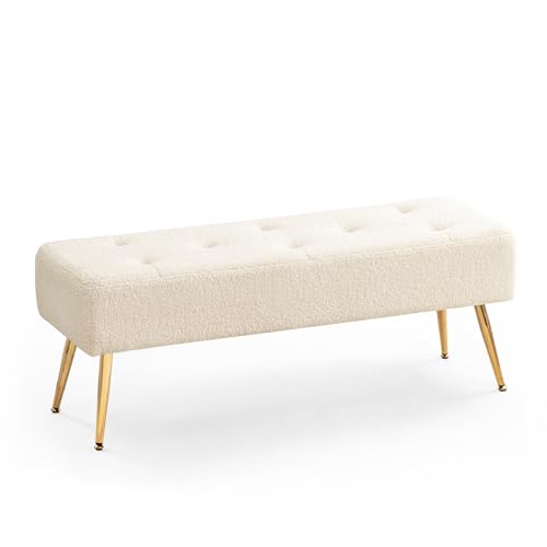 Furnimart Faux Fur Boho Bench Ottoman Upholstered Tufted Bench with Padded Seat, Footrest Foot Stool with Sturdy Metal Leg, for Bedroom Living Room Entryway - color: Fur Ivory White