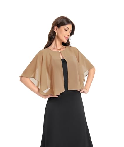 Baoqiya Capelets for women Chiffon Cape Soft Shawls and Wraps Wedding Capes 1920s flapper Cover Up - color: Camel