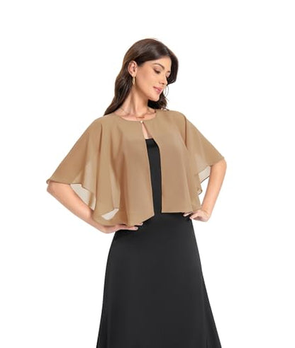 Baoqiya Capelets for women Chiffon Cape Soft Shawls and Wraps Wedding Capes 1920s flapper Cover Up - color: Camel