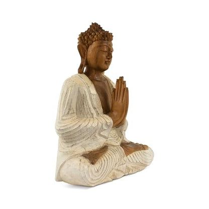 G6 Collection Wooden Serene Sitting Buddha Statue Handmade Meditating Sculpture Figurine Home Decor Accent Wood Hand Carved Modern Contemporary Oriental Buddha Anjali Mudra (8" Tall – Whitewashed)
