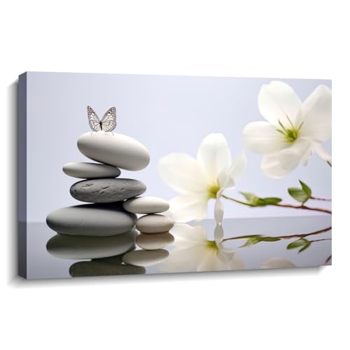 Zen Canvas Wall Art Lotus Picture Bathroom Wall Decor Blue Poster Spiritual Meditation Artwork Spa Stones Butterfly Prints for Yoga Room Home Decor Framed(Art-6,12.00x18.00 inch) - color: Art-6, size: 18"L x 12"W